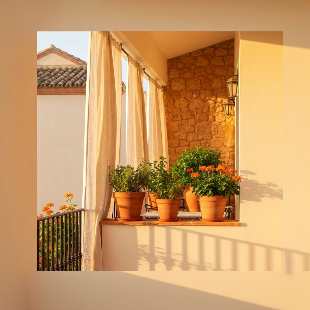 Balcón mediterráneo con plantas y luz dorada de la mañana